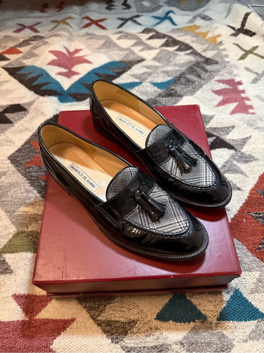 Manolo Blahnik Black Patent & Gray Plaid Tassel Loafers - Women EU38